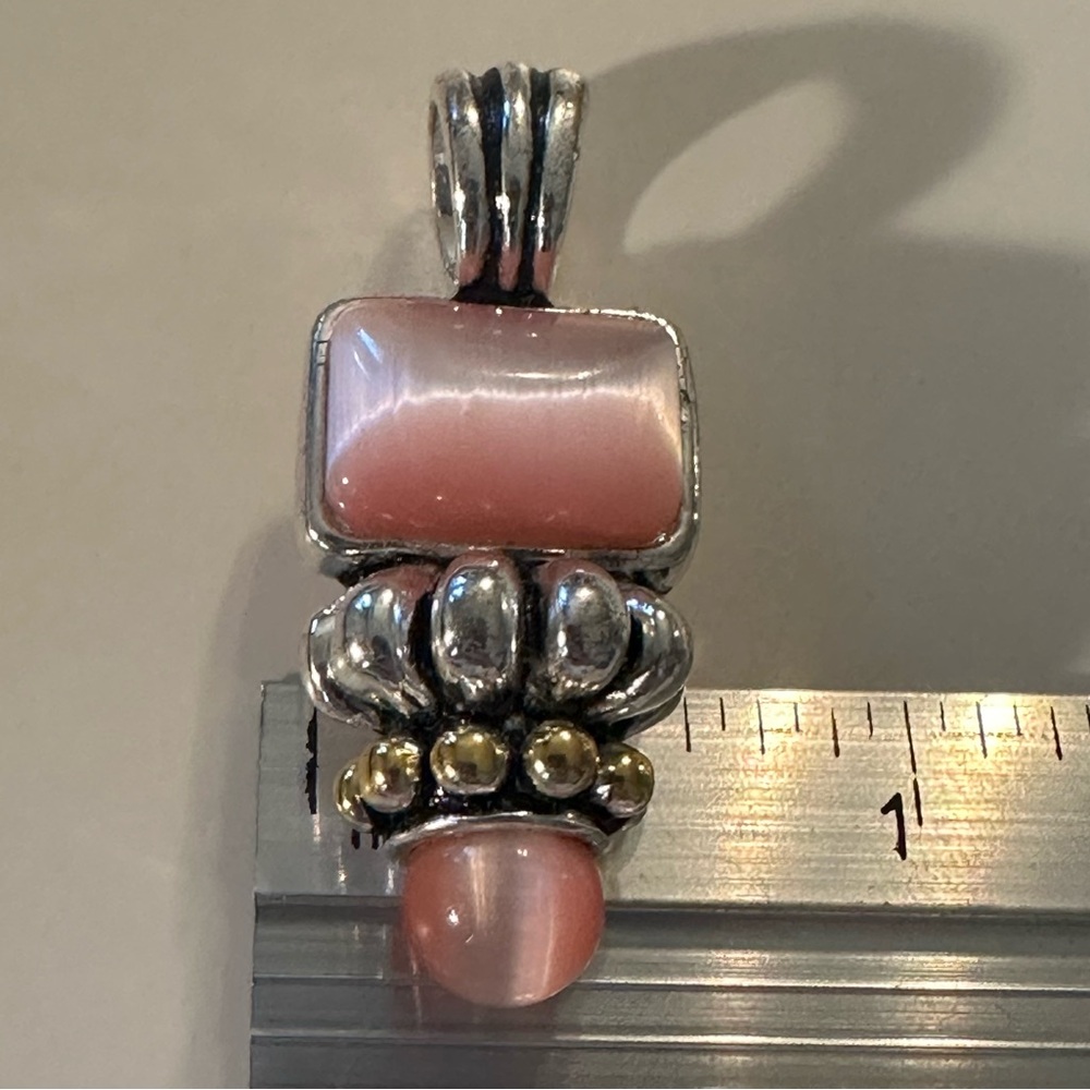Silver And Gold Toned Rectangle And Bead Pink Stone Pendant - Picture 5 of 5